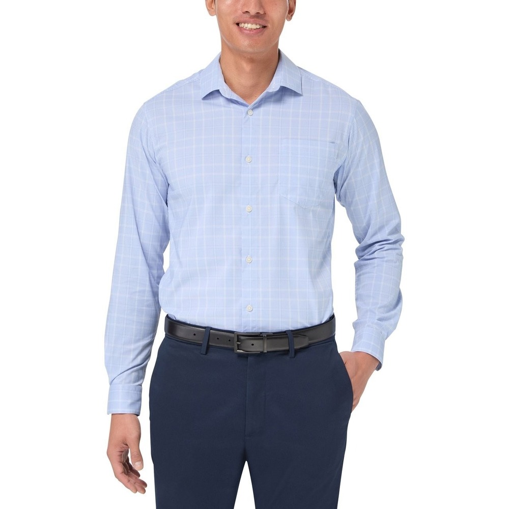 Kirkland Signature Mens Nylon Performance Shirt Blue Plaid XL 17-17.5 36/37 NEW